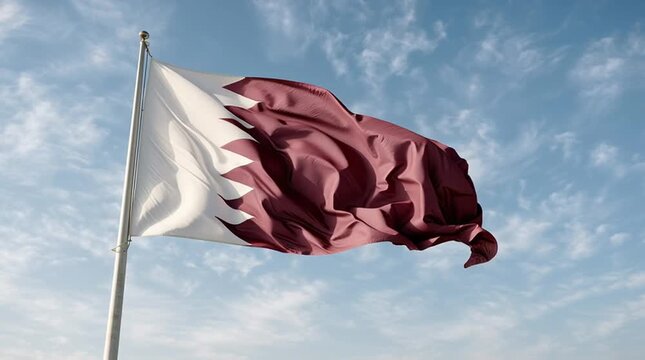 Qatari Flag Waving Against a Blue Sky: The national flag of Qatar, a maroon and white ensign, is proudly displayed on a flagpole.