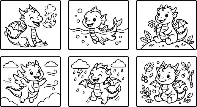Cute magical element dragon coloring page blocks with cartoon fire water wind storm nature creatures for preschool kids vector