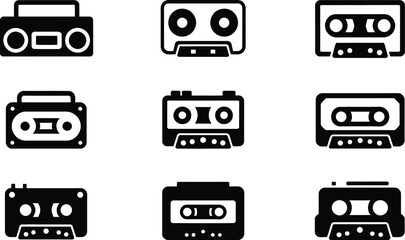 Collection of vintage cassette tape and boombox icons isolated on transparent background © Kahima