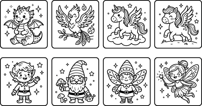 Cute magical fairytale creature coloring page blocks with cartoon dragon phoenix unicorn pegasus elf gnome fairy for kids vector