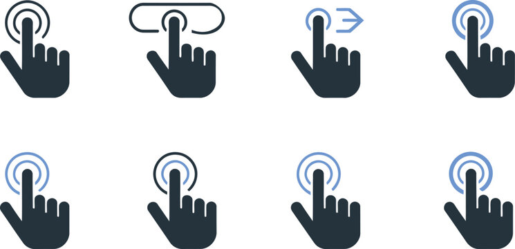 Set of eight different hand cursor icons representing various touch gestures on a digital screen