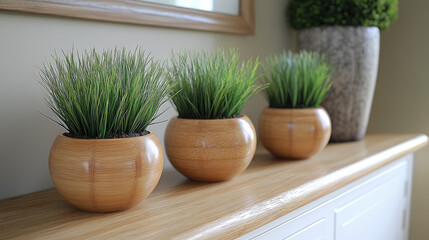 Fototapeta premium Three small potted green plants arranged on a wooden shelf, with a large decorative vase in the background.