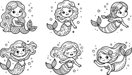 Fototapeta premium Cute ocean sea mermaid princess coloring page set with cartoon fairytale girl characters for preschool kids activity education vector