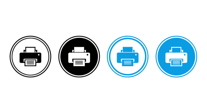 Set of printer icons in circular frames for user interface design and iconography.
