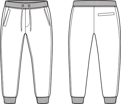 Technical drawing of mens sweatpants with drawstring and elastic waist