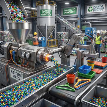 Industrial Worker Operating Machine Extruding Recycled Plastic Lumber in Waste Processing Factory