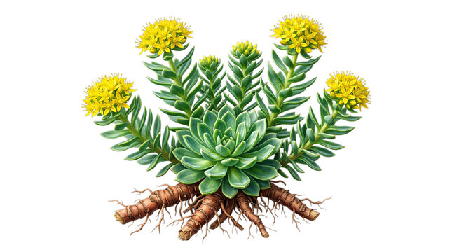 Rhodiola rosea plant with yellow flowers and roots isolated on transparent background