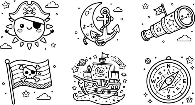 Cute space pirate celestial adventure coloring page set with cartoon sun moon ship flag telescope compass for kids vector
