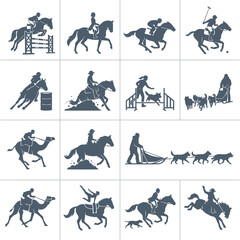 Fototapeta premium Collection of equestrian sports and animal riding silhouettes icon set