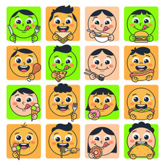 Fototapeta premium Cartoon children eating various foods like pizza and ice cream in squares