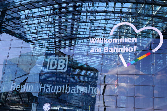 Berlin, Germany - July 25, 2026: Facade of Berlin Hauptbahnhof railway station building decorated in rainbow colors for the 48th Christopher Street Day (CSD) Pride Parade