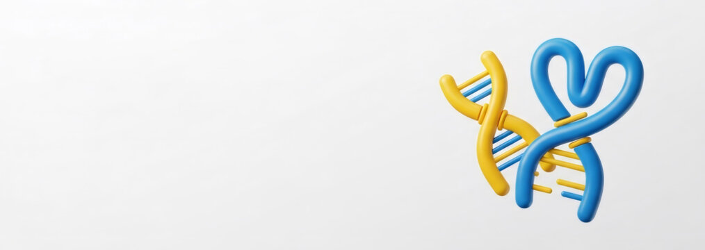 3D DNA strand shaped like heart. Conceptual illustration of trisomy 21 for world Down syndrome day. Genetic health awareness, biological background with blue and yellow colors. Banner with copy space