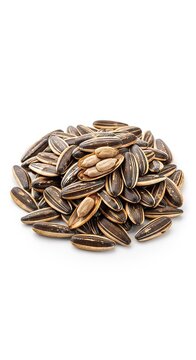 Realistic pile of whole roasted sunflower seeds isolated on white, highlighting the crunchy shells and organic detail for culinary themes, savory, raw, culinary