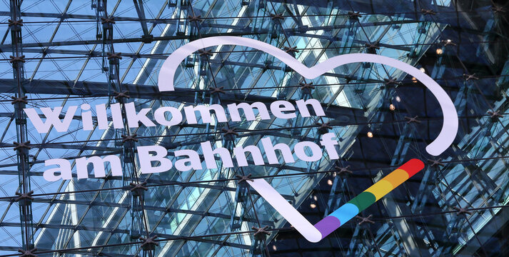 Berlin, Germany - July 25, 2026: Facade of Berlin Hauptbahnhof railway station building decorated in rainbow colors for the 48th Christopher Street Day (CSD) Pride Parade