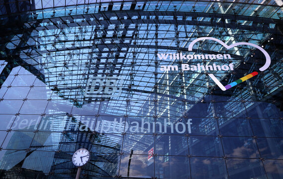 Berlin, Germany - July 25, 2026: Facade of Berlin Hauptbahnhof railway station building decorated in rainbow colors for the 48th Christopher Street Day (CSD) Pride Parade