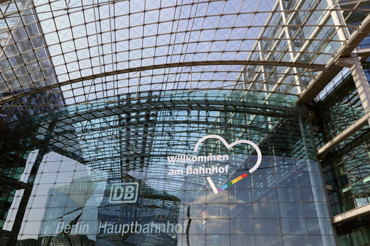 Berlin, Germany - July 25, 2026: Facade of Berlin Hauptbahnhof railway station building decorated in rainbow colors for the 48th Christopher Street Day (CSD) Pride Parade