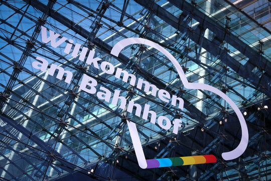 Berlin, Germany - July 25, 2026: Facade of Berlin Hauptbahnhof railway station building decorated in rainbow colors for the 48th Christopher Street Day (CSD) Pride Parade