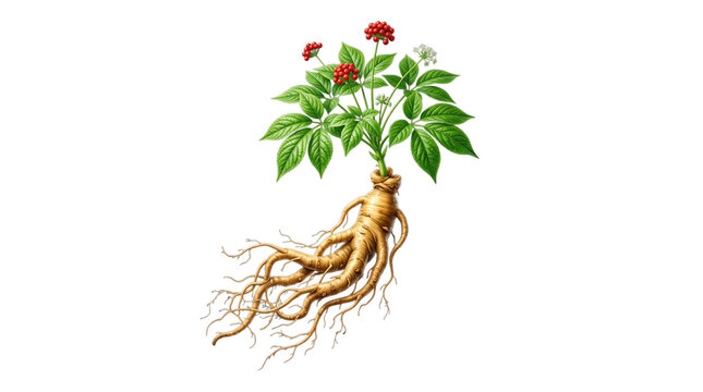 Illustration of a ginseng plant with roots and red berries isolated on transparent background