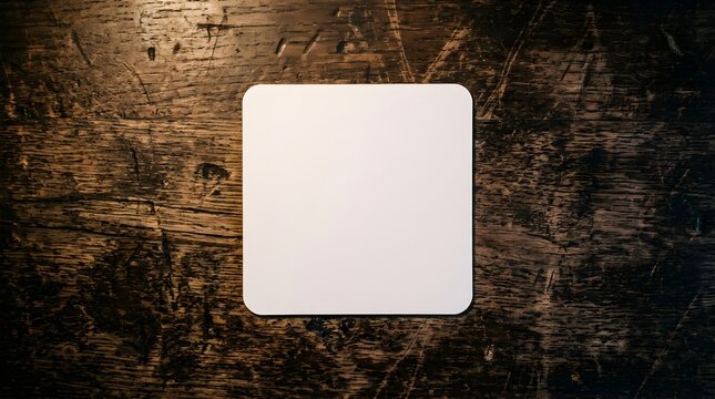 Blank white square coaster placed on a dark rustic wooden table top