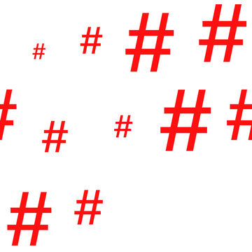 Seamless repeating pattern featuring bold red hashtag symbols on a clean white background. Perfect for social media, digital marketing, branding, textiles, wrapping paper, and modern graphic design.