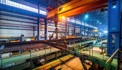 Fototapeta premium Industrial factory interior with overhead crane lifting steel beams, showcasing heavy industry manufacturing and production processes.