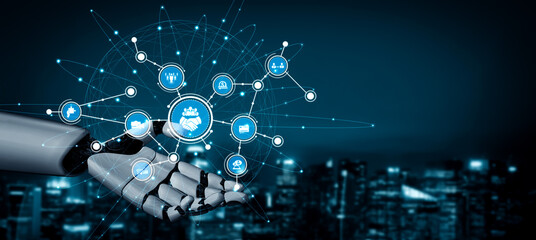 Fototapeta premium A robotic hand showcases digital icons and connections, symbolizing the integration of technology in business and innovation within a modern urban environment. Tessel