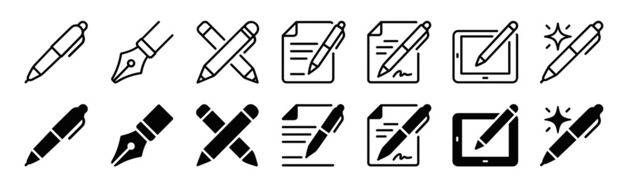 Pen icons showcase writing tools and document editing symbols for digital and manual task management.