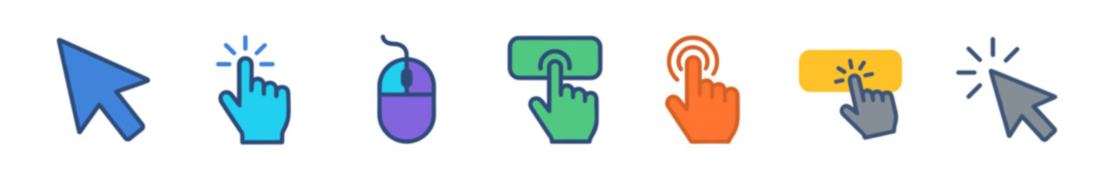 Cursor icons and hand pointers displayed in bright colors highlight interaction design and web navigation.