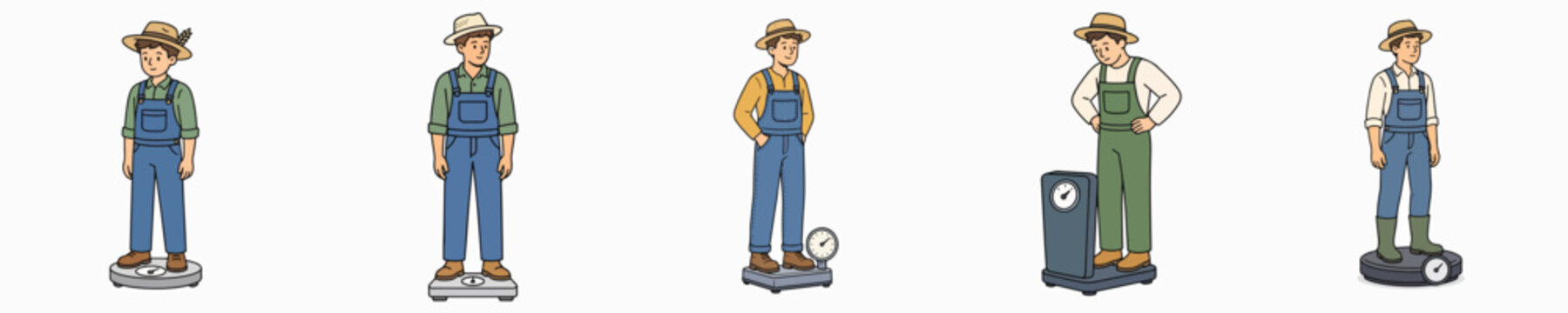 Set of vector illustrations of a farmer weighing himself