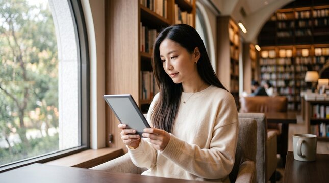 Young woman reading e-paper on digital tablet in a cozy library cafe