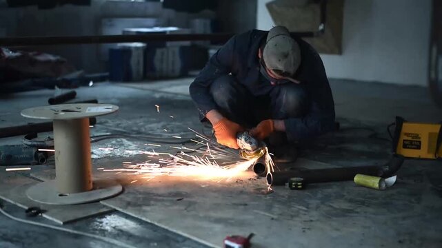 Worker wearing work clothes and protective gloves using an angle grinder to cut a metal pipe while a brilliant
