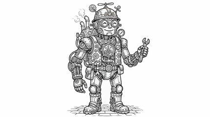 Fototapeta premium Detailed Steampunk Automaton Robot with Wrench, Black and White Coloring Page Vector Illustration, Intricate Gears and Mechanical Elements, Full Body View