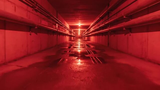 A long industrial corridor illuminated by intense red emergency lighting