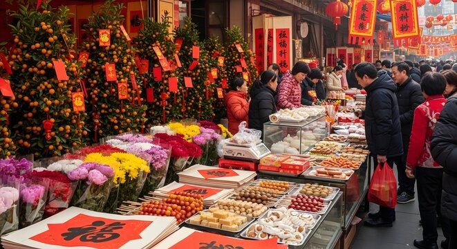 Bustling outdoor market scene during Chinese New Year with vendors selling traditional snacks flowers and festive decorations