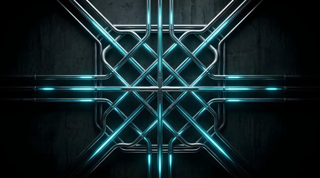 Abstract metal pipes with glowing blue neon lights on a dark background