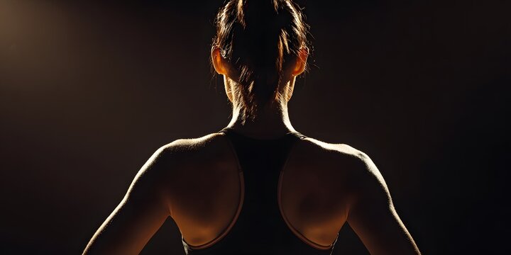 Silhouette of woman wearing sports bra in low light showing muscular back