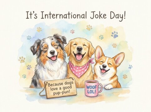 International joke day watercolor graphic featuring three laughing dogs