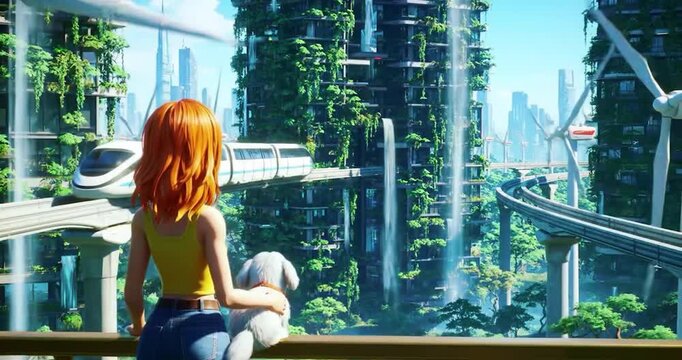 Girl and Dog Watching Monorail in Futuristic Green Eco Cityscape