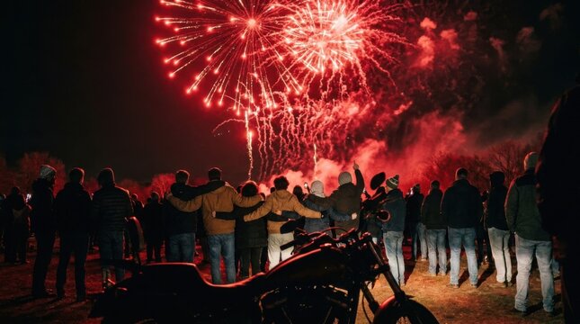 Group of people watching fireworks at night