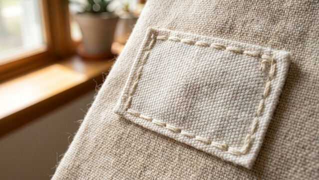 Close up of a textured linen fabric with a stitched patch, ideal for mockup and design projects