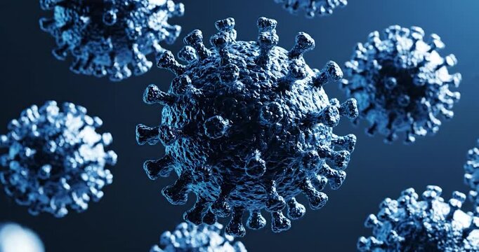 Microscopic View of Viral Cells Floating in Blue Medical Fluid