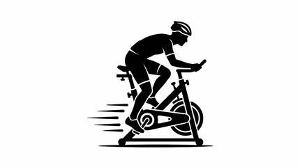 Fototapeta premium Vector Illustration of a Person Riding an Exercise Bike, Black Silhouette Graphic with Speed Lines, Fitness and Indoor Cycling Concept on White Background