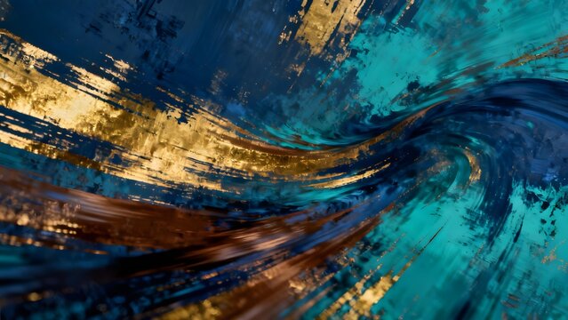 Abstract swirl of deep blue teal and gold brushstrokes creating dynamic motion