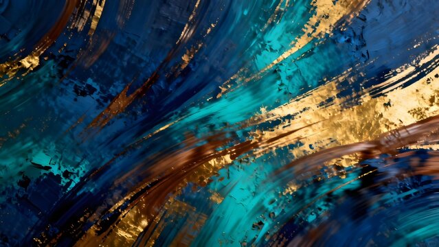 Abstract brushstroke artwork featuring dynamic swirls of deep blue teal and gold with textured paint application