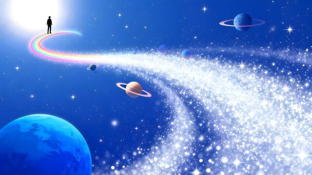 Silhouette of person standing on rainbow arc in space surrounded by planets stars and a comet-like trail of light