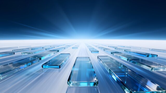 Blue-lit glass blocks arranged in perspective on reflective surface with radiant light beam from horizon