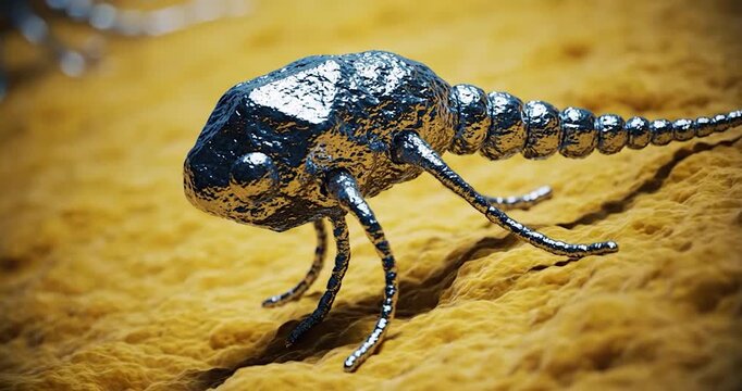 Silver robotic insect walking on textured yellow surface in macro view