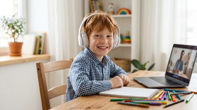 Cheerful boy during online lesson at home.