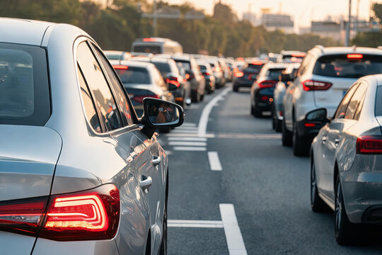 A long line of vehicles stuck in heavy traffic on an asphalt urban road, with glowing red tail lights visible.