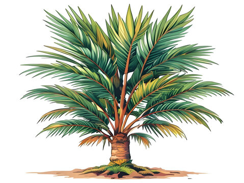 Tropical green palm tree with long fronds isolated on white.